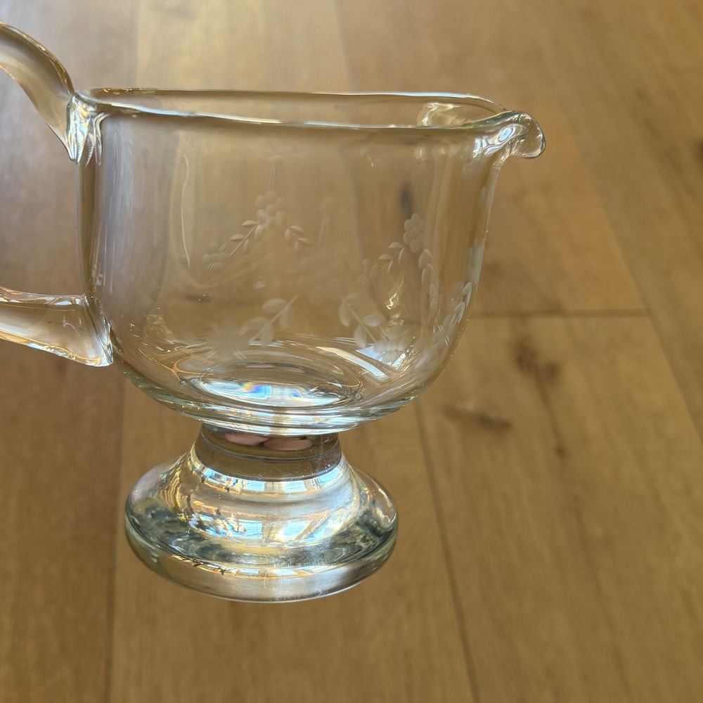 Vintage Etched Glass Creamer Pitcher Floral Pedestal Footed Clear Glass 4.5in
